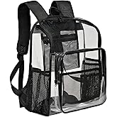 KUI WAN Clear Backpack for School Large Clear Bookbag with Multi-Pockets PVC Transparent Backpack for Boys Girls, Black