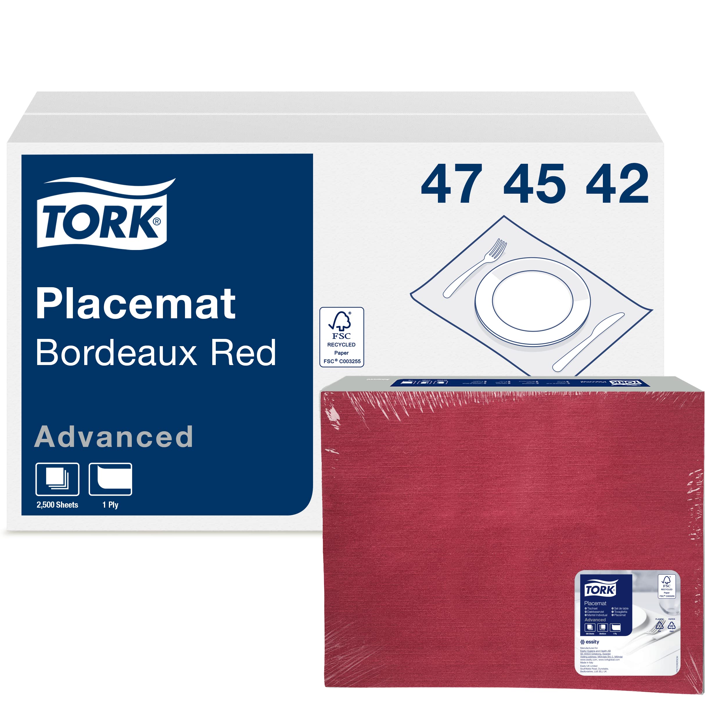 Tork 474542 Placemat Bordeaux, 1 x 500 Placemats, 42 x 30 cm (L x W), Modern 1 Ply Paper Place Mat in Burgundy Red
