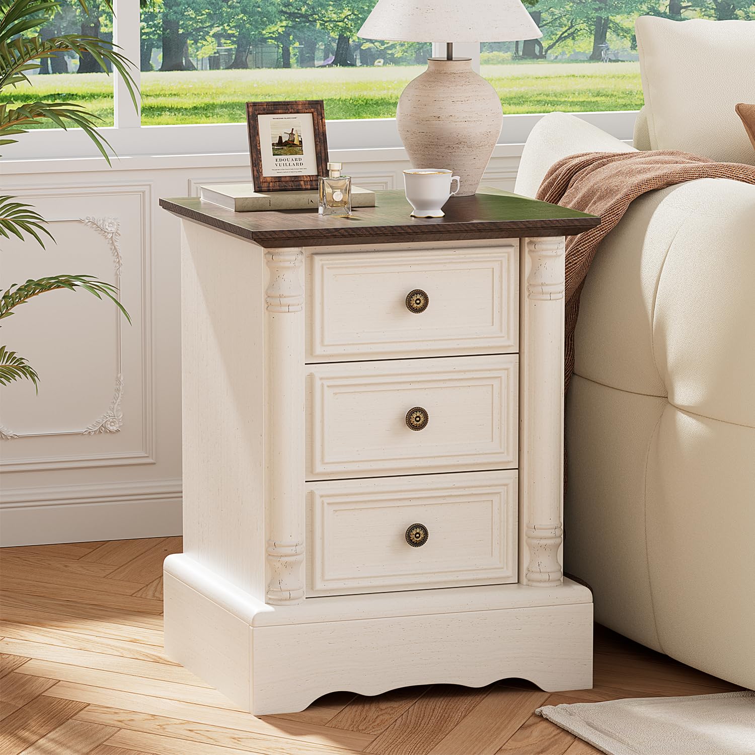 Photo 1 of Nightstand with 3 Drawers, Rustic Night Stand 18' Wide Side Table with Storage, Mid-Century Modern Couch End Table with Vintage Handles, Small Dresser for Bedroom, Living Room, Antique White