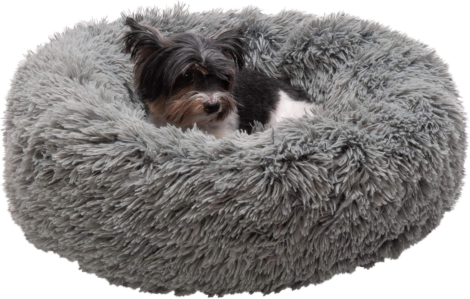 Furhaven Pet Dog Bed - Round Plush Long Faux Fur Ultra Calming Deep Sleep Soothing Cushion Cuddler Donut Pet Bed for Dogs and Cats, Gray, Small : Pet Supplies