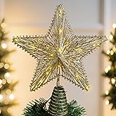 Christmas Tree Topper Star 12 Inch Gold Glitter Hollow Star Tree Topper Metal with Warm White 30 LED Lights for Xmas Decorations Ornaments Indoor Decor Holiday Party