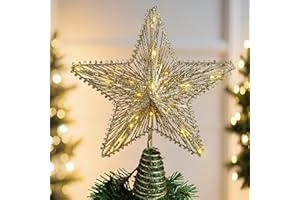 ENIOEM Christmas Tree Topper Star 12 Inch Gold Glitter Hollow Star Tree Topper Metal with Warm White 30 LED Lights for Xmas Decorations Ornaments Indoor Decor Holiday Party