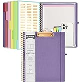 Ospelelf Foldable Spiral Clipboard Folio with Storage Zipper Pouch, 5 Plastic Folders with 10 Pockets,Refillable Lined Notepad (11" x 8.5"), Hardcover Project Organizer with 39 Stickers (Purple)