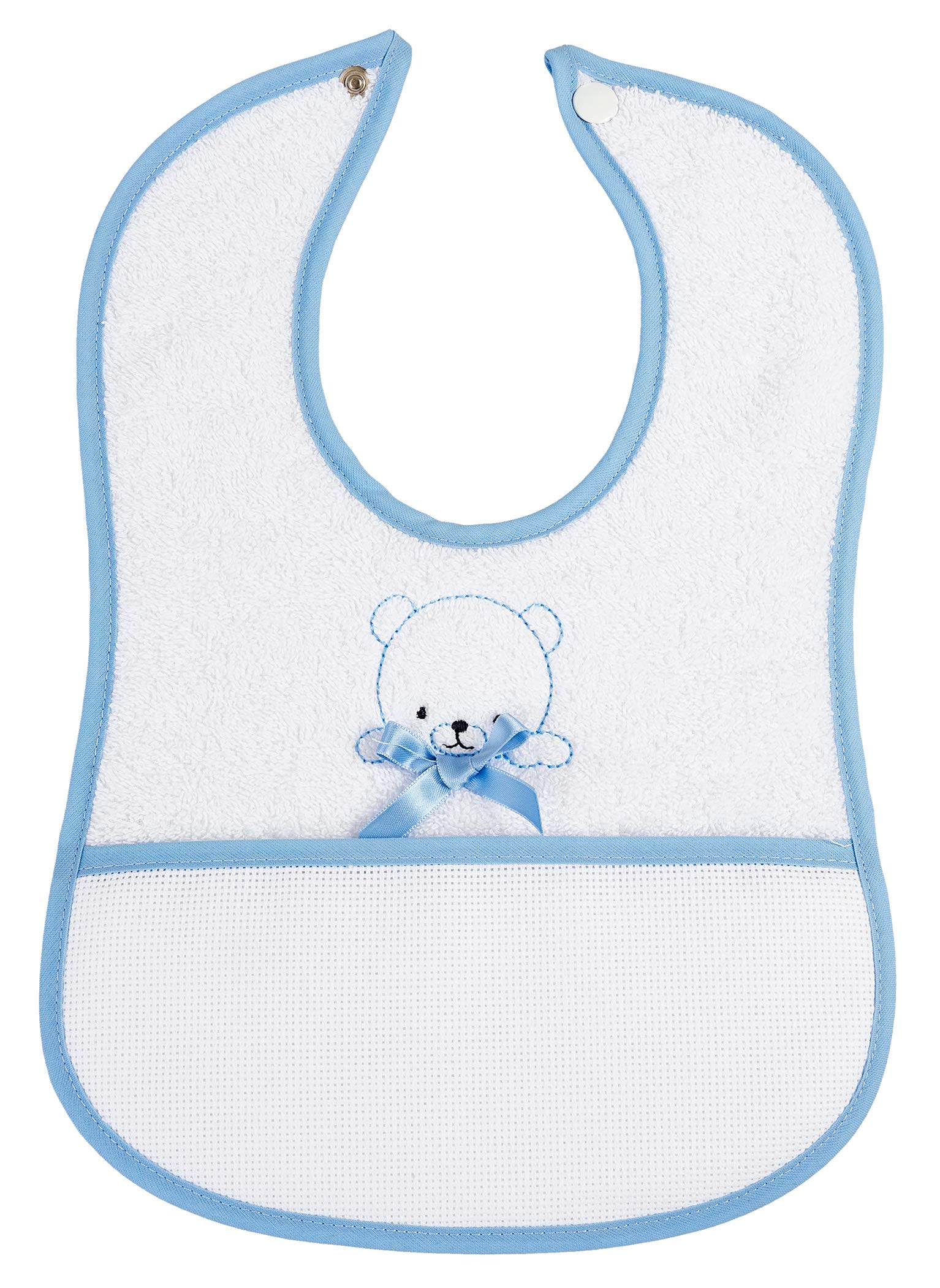 FILET - AM283B Baby Bib with Teddy Motif and Press Stud, Color Blue, from 6 Months Toddler, 34 cm x 23.5 cm