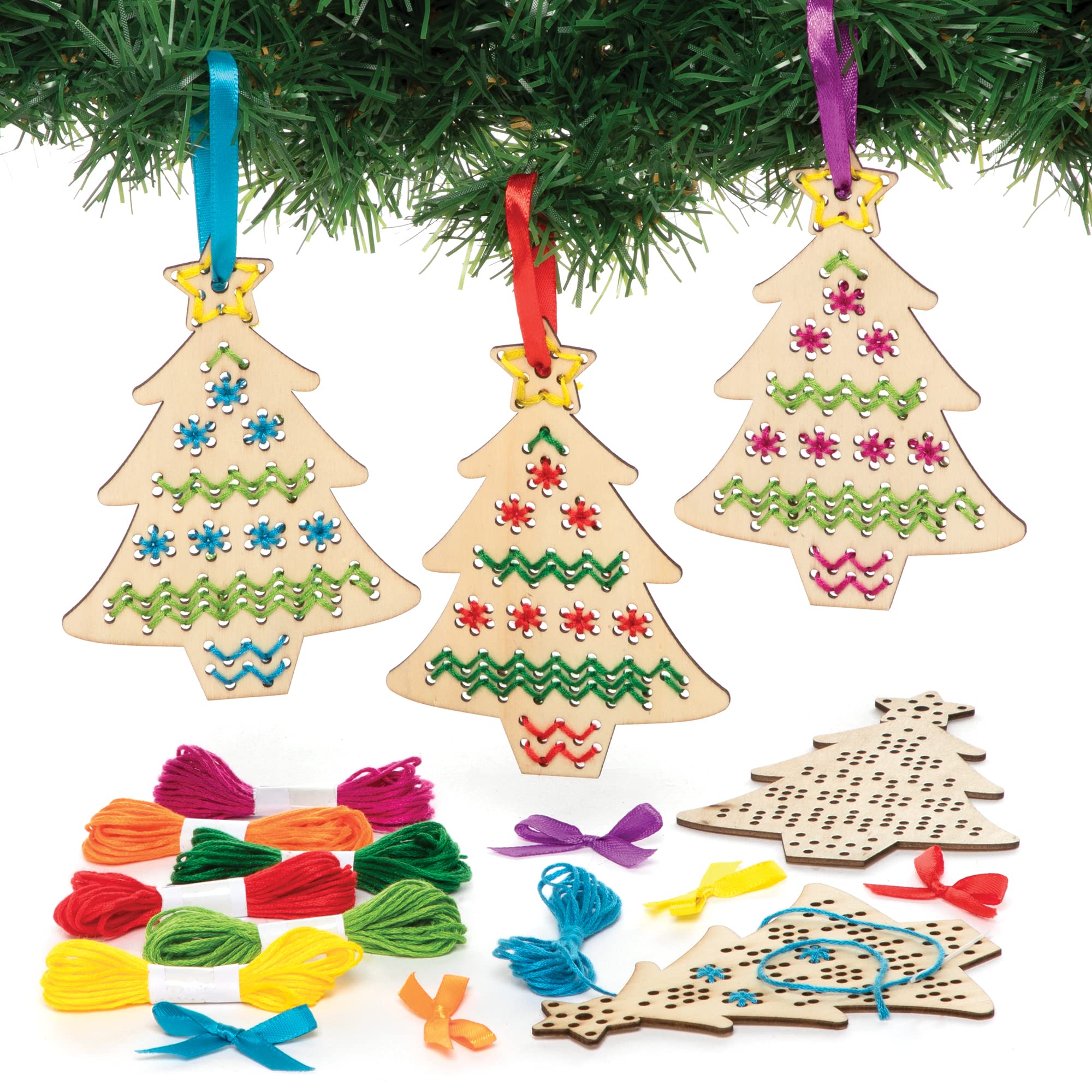 Baker Ross FE862 Christmas Tree Cross Stitch Craft Kit - Pack of 5, Sewing and Cross Stitch for Kids, Crafts for Kids, Green, Orange, Purple, Red