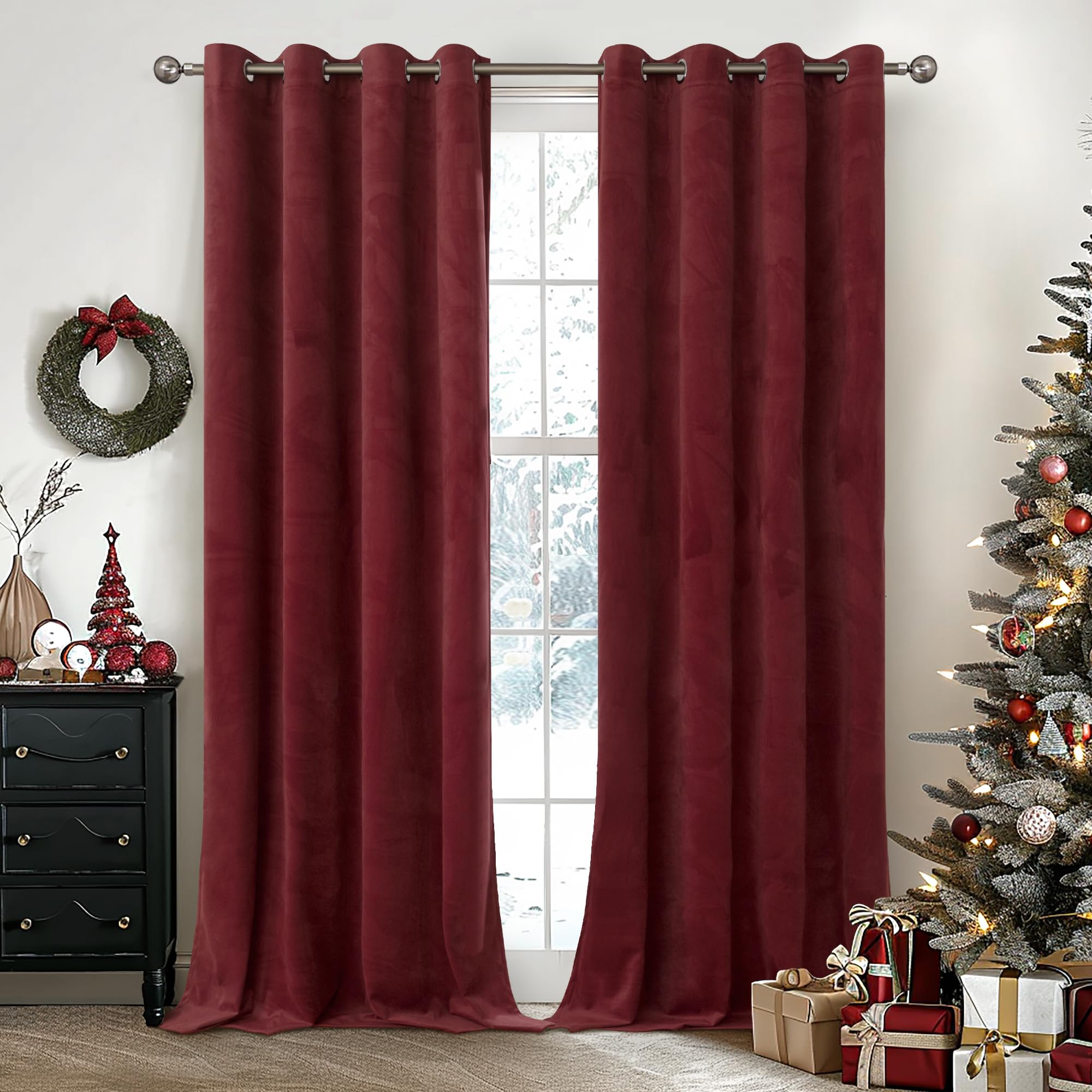 YoungsTex Burgundy Velvet Blackout Curtains 90 Inches Length for Living Room, Room Darkening Window Drapes with Grommet Privacy Thermal Insulated for Sliding Door Bedroom, 2 Panels, 52 X 90 Inch Image