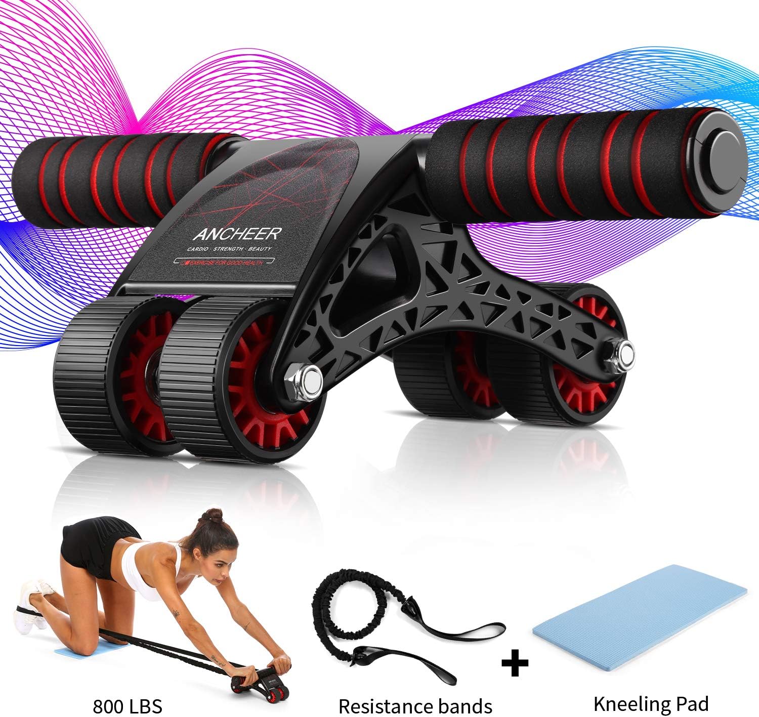 ANCHEER Abdominal Muscle Wheel，AB Wheel Roller with 4 Wheels ，Resistant Bands and Foam Handles，Top Upgraded Abdominal Exercise Equipment for Full Body Workout to Build Muscle and Burn Fat : Sports & Outdoors