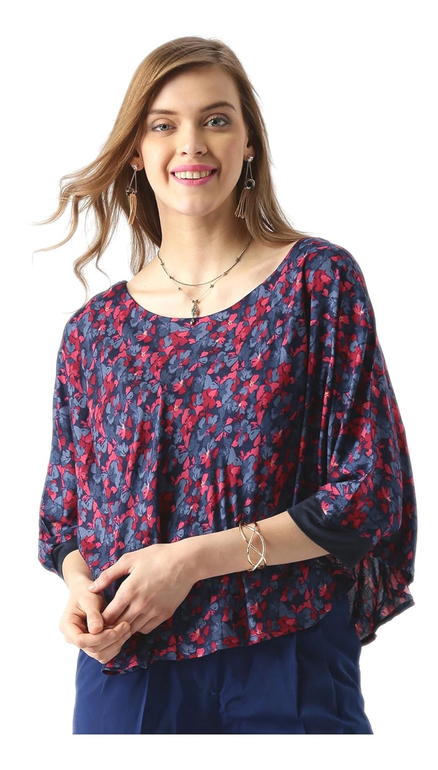 marie claire women blue & red floral print cape top (mc404)