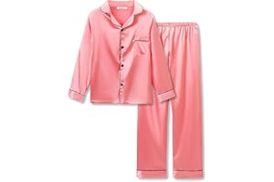 Beezizac Little & Big Girls Pajama Set Size 6-16 -Pink/Blue/Turquoise/Peach Satin Silky Cute Fall Winter Long Outfit