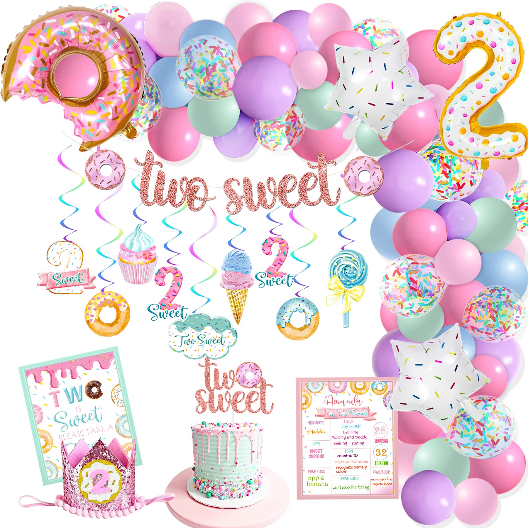 Photo 1 of NALONER Two Sweet Birthday Party Decorations, Donut Decoration, Baby Second 2nd Decorations for Girl, Banner & Cake Topper, Balloons Garland