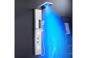 POPFLY Shower Panel with Shelf, LED Shower Tower with Mist ＆ Rainfall System, 2 Body Spa Jets and Tup Spout, 304 Stainless Steel Shower Tower Column, Brushed Nickel