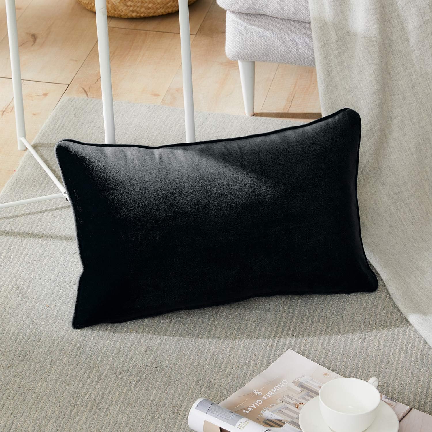 Topfinel Black Oblong Cushion Covers 12x20 Inch Velvet Soft Decorative