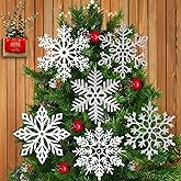 6pcs Large White Silver Snowflakes Christmas Ornaments- 12" Big Plastic Glitter Hanging Snow Flakes for Christmas Tree Decorations Winter Indoor Outdoor Window Home Decor Giant Craft Snowflakes