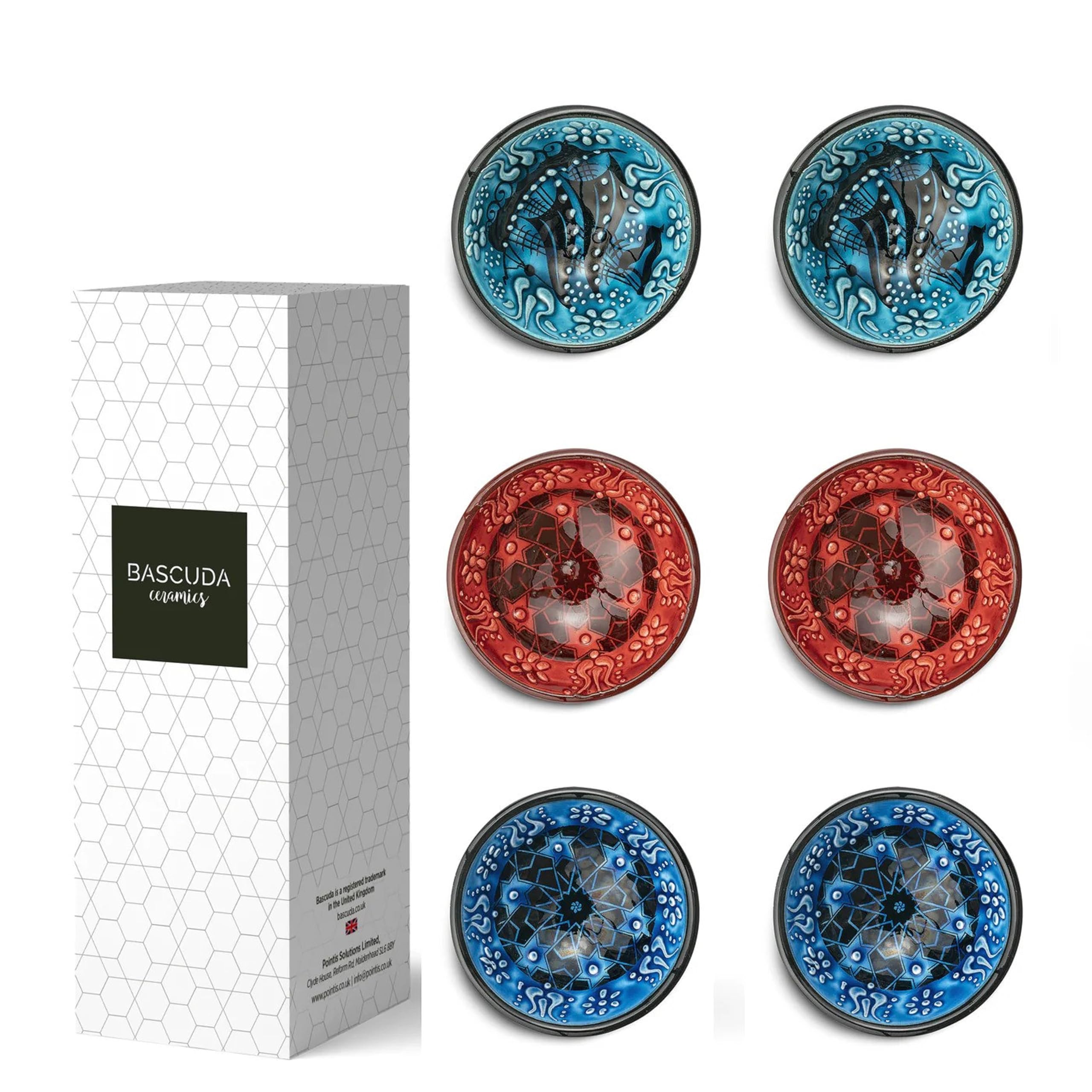 Bascuda Small Ceramic Dip Bowls Set of 6 – Iznik Series | Spring Bloom – 8cm – Pirate Green, Red, Blue | Small Ramekins for Dips, Sauces, Condiments – Dishwasher Safe – Stylish Tableware for Kitchen