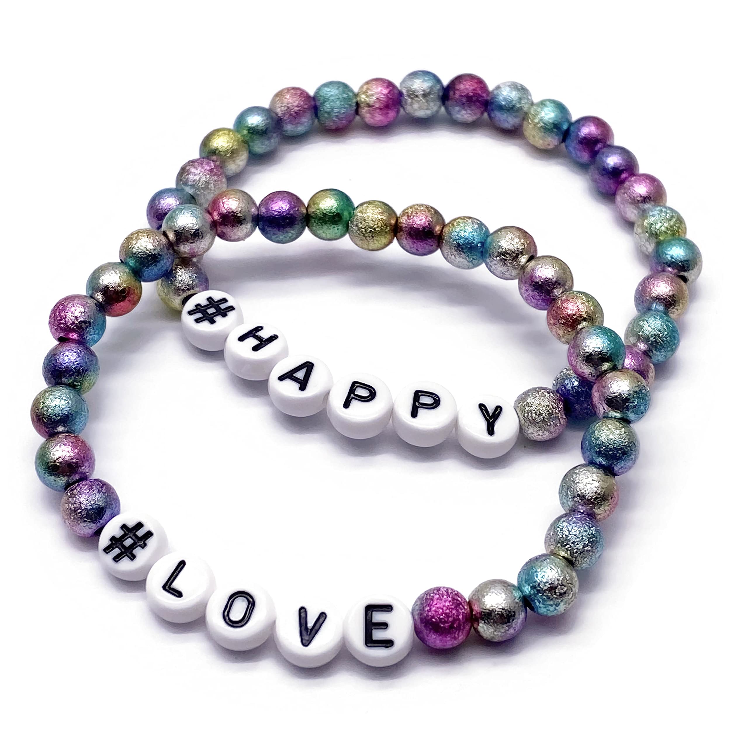 #LOVE and #HAPPY Bead Bracelets, Set of 2 with 6mm Acrylic Sparkle Dust Multi-Colour Beads on Elastic : 6.5 inches, Handmade Jewellery Gift for Girls