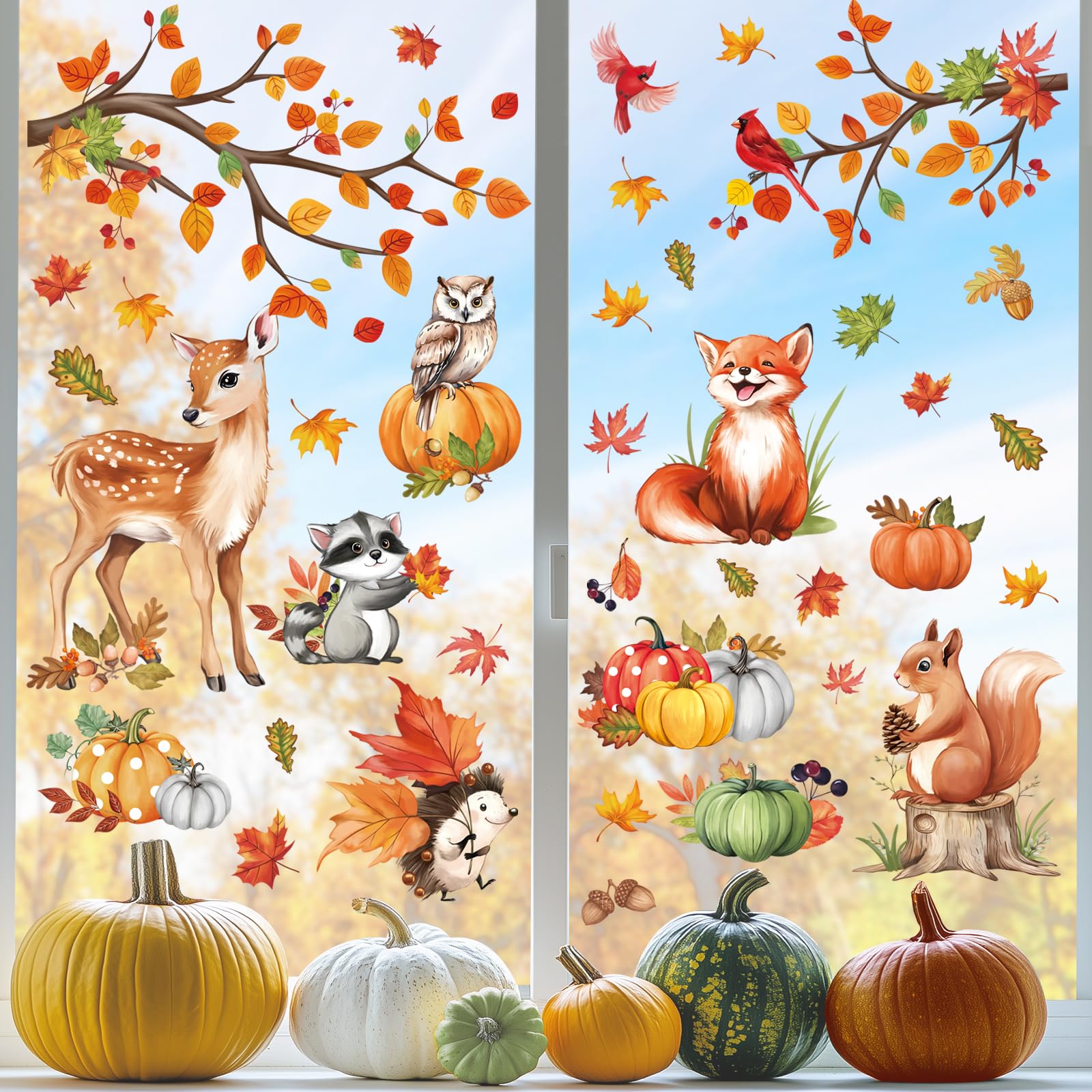 decalmile Woodland Animals Fall Pumpkin Window Clings Deer Fox Racoon Autumn Harvest Double Sided Window Decals Anti-Collision Window Stickers