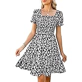 Lyrur Women's Short Sleeve Summer Dresses 2026 Spring Casual Square Neck Easter Dress A-Line Tiered Sundress with Pockets