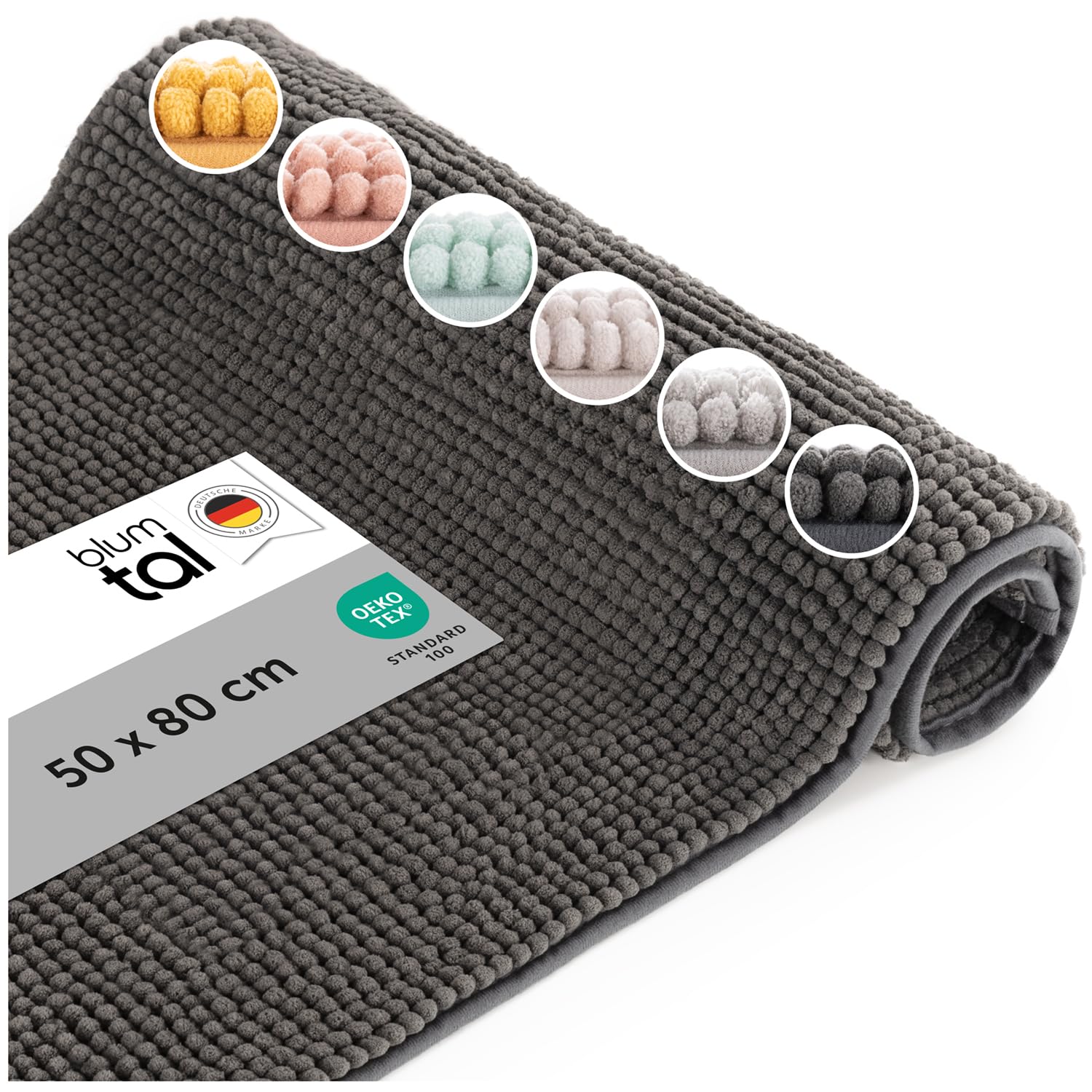 Blumtal® Bath Mat - Super Soft Chenille, Non Slip Bath Mats for Bathroom Floor, Luxury Bathroom Rug, Dark Grey (50 x 80 cm)