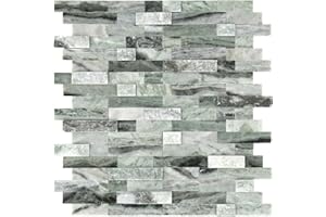 SUNWINGS Peel and Stick Mosaic Natural 3D Stone Self Adhesive Tiles, 12" x 11" 5-Sheet Stick on Backsplash for Kitchen Bathroom Fireplace Vanity, Green