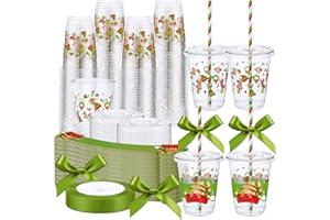 Jingmore 60 Pcs 12 oz Christmas Plastic Cups Bulk with Lids Sleeves and Straws Christmas Snowman Santa Claus Elf Hats Clear Plastic Cups Xmas Holiday Birthday Wedding Party Supplies