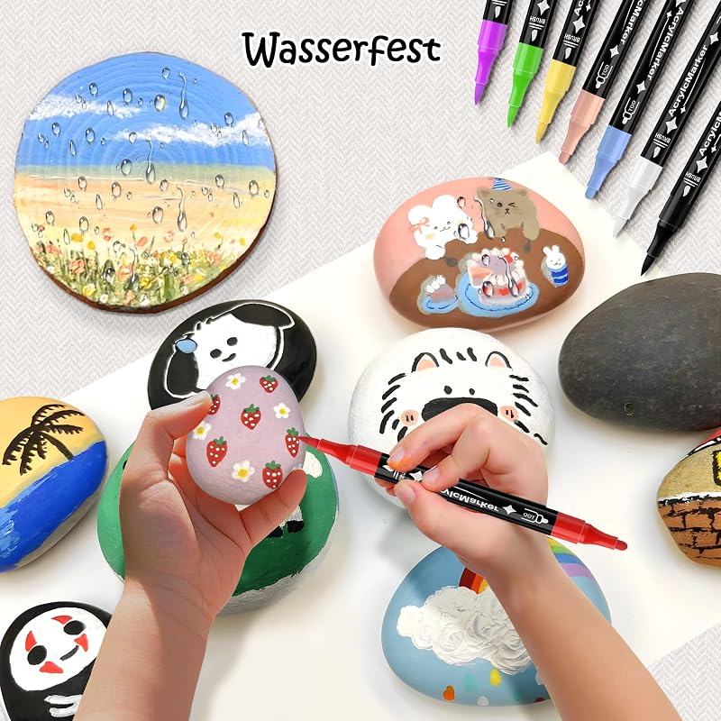 24 Farben Acrylstifte Set Wasserfest, Dual Tip Marker für Steine & DIY