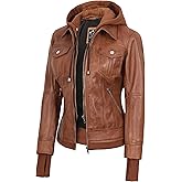 Decrum Hooded Leather Jacket for Women Winter Fashion Bomber Leather Jacket