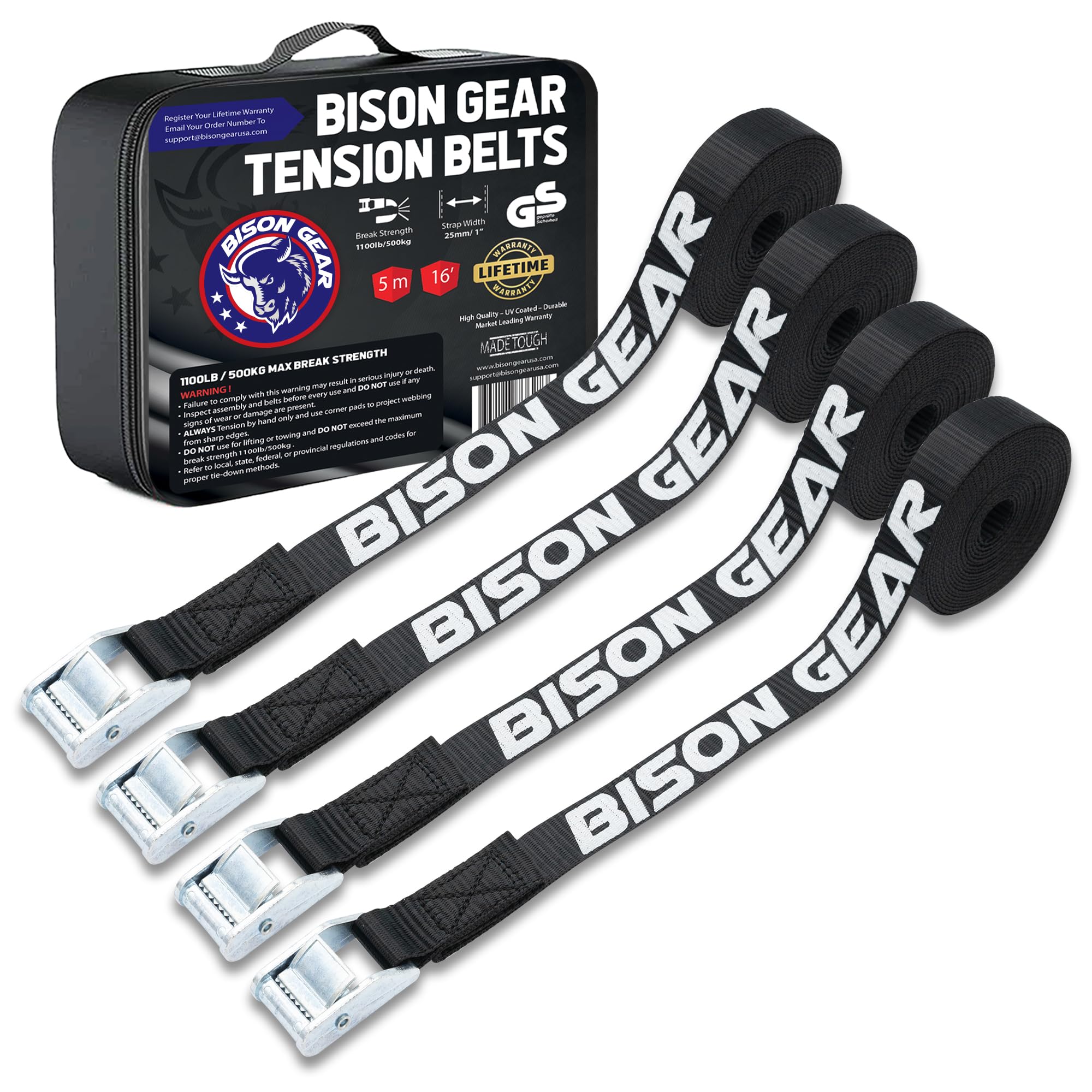 Bison Gear Premium Tie Downs - Car Roof Rack Cam Buckle Straps for Surfboard Kayak or Cargo Lashing, 16ft 5m Long, 1in 25mm Wide, Heavy Duty (4 Pack, Black)