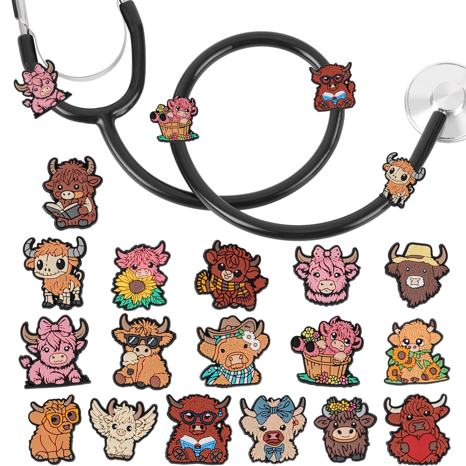 Photo 1 of 17Pcs Highland Cow Stethoscope Charms for Nurses - Cute Medical ID Tags Fit Littmann, Personalized Accessories for Pediatric Doctor, Vet Tech, Nursing Student Graduation Gift