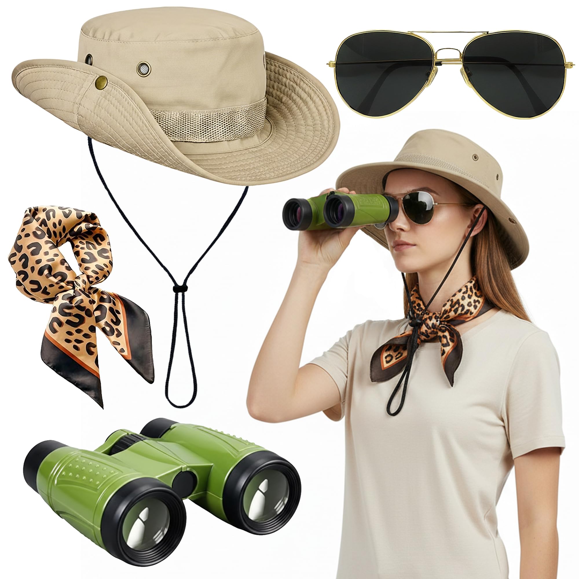 Soireeparty 4Pcs Safari Costume Accessories Set - Explorer Costume Kit with Hat Binoculars Sunglasses and Leopard Print Scarf, Zookeeper Fancy Dress Outfit for Cosplay Party