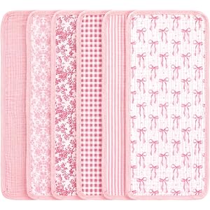 Gilprop 6 Pack Pink Muslin Baby Burp Cloths for Baby Girls | 21''x10'', Large 100% Cotton Burping Cloths, Pink Bow Printing,