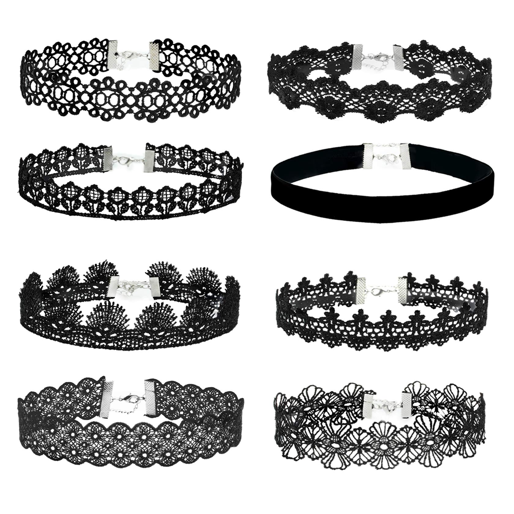 MILAKOO 8Pcs Black Lace Choker Goth Boho Flower Hollow Lace Necklace for Women Girls Tattoo Velvet Choker