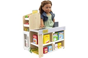 PLAYTIME BY EIMMIE Wooden Grocery Store | Baby Doll Accessories | 18 Inch Doll House Accessories and Furniture | Compatible with Barbie Dolls and American Girl Dolls | 25+ Doll-Sized Accessories | Safe Materials