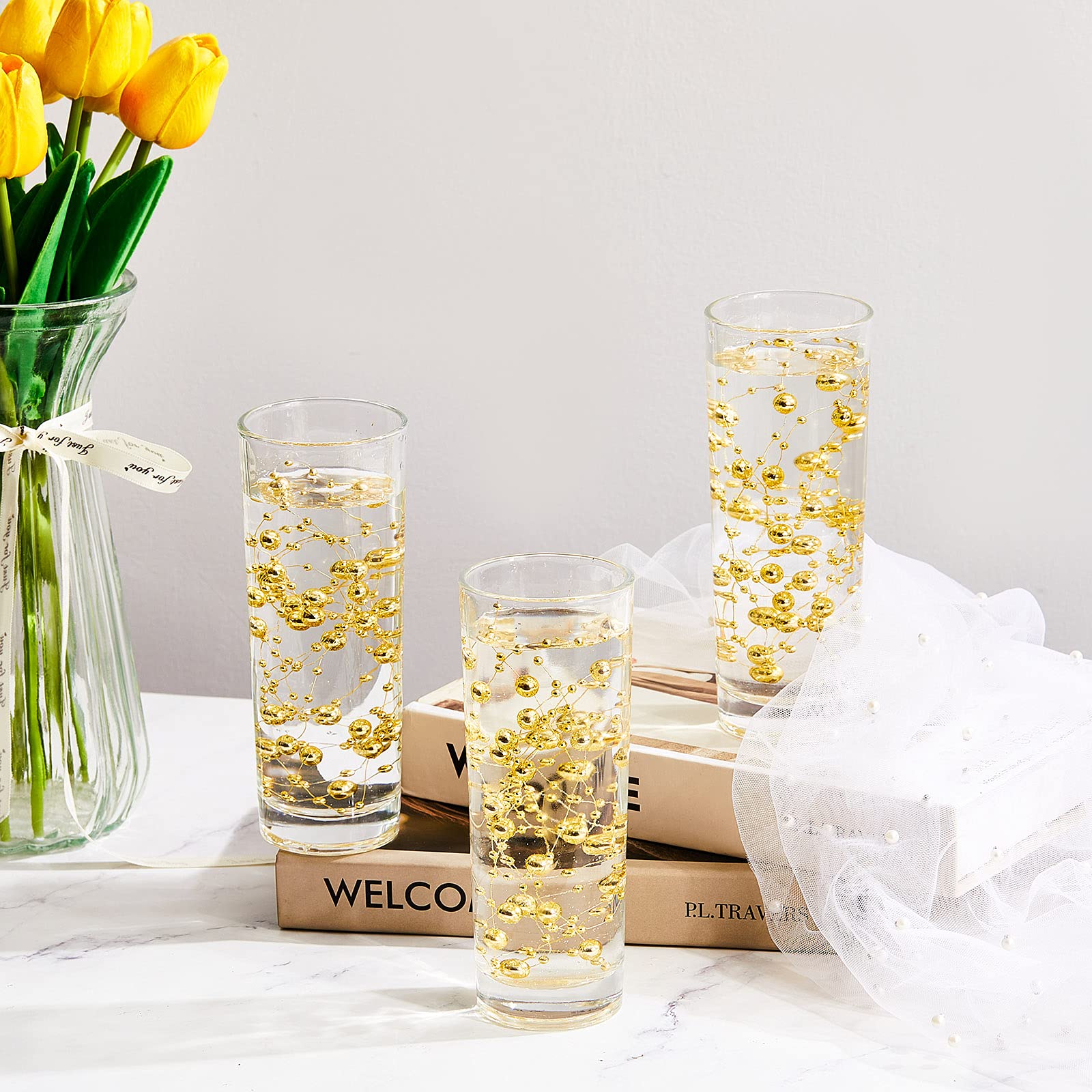 Tondiamo 24 Pcs Artificial Pearl String for Floating Candle Faux Pearls Beads String Party Garland Decoration for Vases Filler Wedding Centerpiece Christmas Party Decor(Gold)