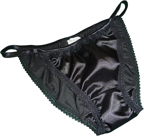 Pure Silk Satin and lace Mini Tanga String Bikini Panties Black Size XL