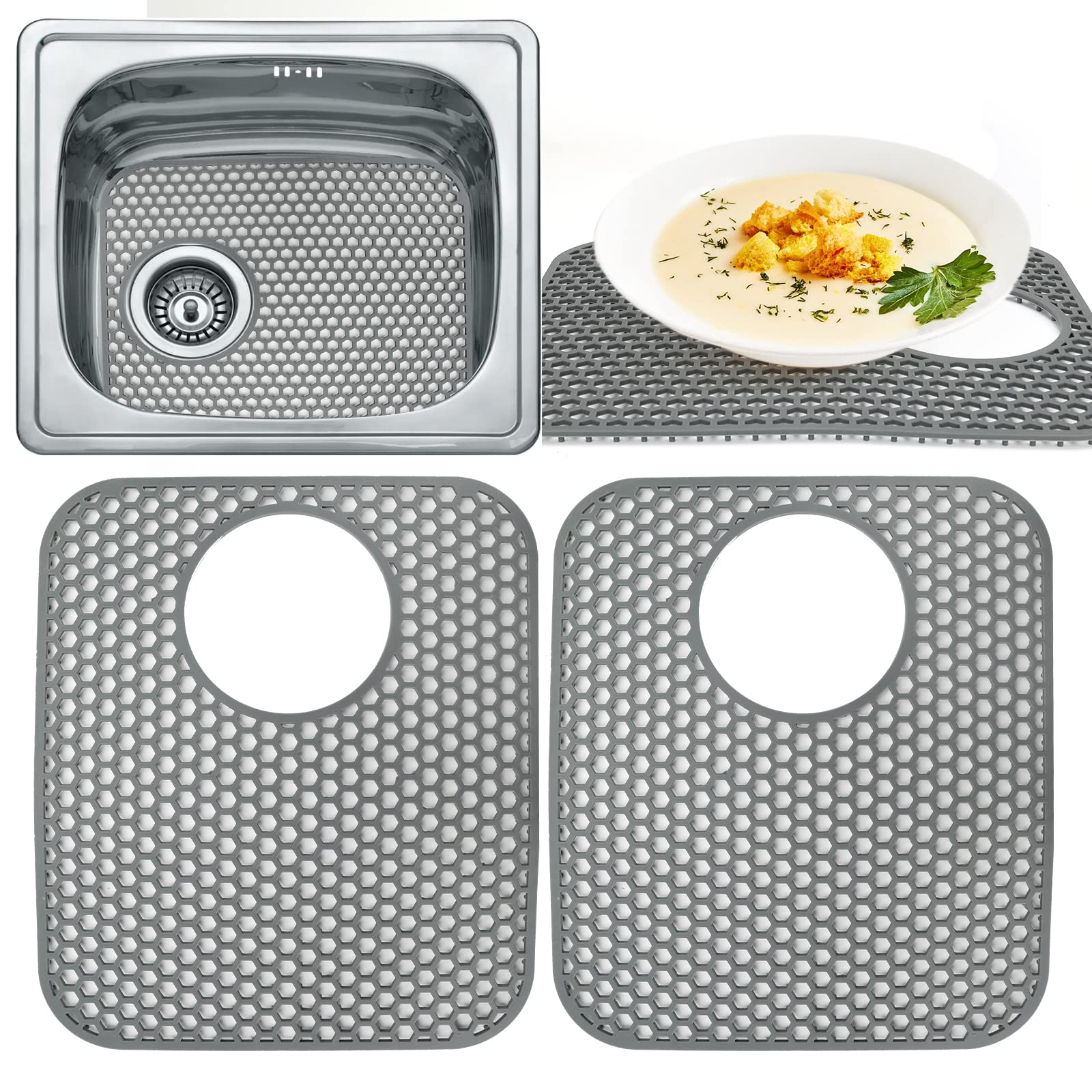 2PCS Silicone Sink Mat, Folding Non-slip Sink Protector, Sink Grid Mats for Bottom of Kitchen Bathroom Farmhouse Sink (Rear Hole)