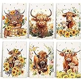 Redbaker Set of 6 Highland Cattle Kitchen Towels Highland Cow Themed Dish Towels Absorbent Farm Cattle Watercolor Floral Tea Hand dishcloths Housewarming Gift for Farmhouse Kitchen(Vintage,Sunflower)