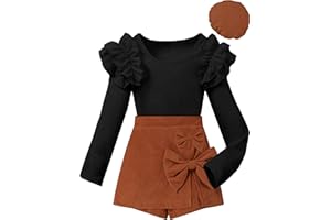 Hevemexy Girls Clothes Ruffle Sleeve T-shirt Top and Bowtie Plaid Skort Set with Hat 3PCS Girls Fall Outfits 5-14 Years