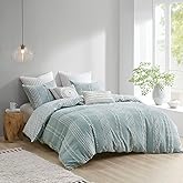 INK+IVY 100% Cotton Comforter Set Trendy Stripe Textured Design, Modern Down Alternative, All Season Cozy Bedding with Matching Shams, Full/Queen, Aqua Reversable Stripes