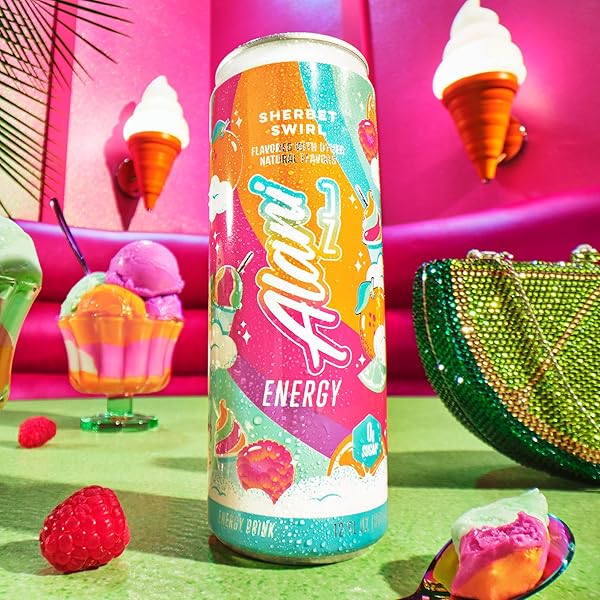 ALANI NU SHERBET SWIRL SUGAR FREE, LOW CALORIE ENERGY DRINKS, 200MG CAFFEINE, BIOTIN B VITAMINS, ZERO SUGAR, 10 CALORIES, 12 FL OZ CANS, 24 PACK
