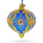 Blue and Gold Jeweled Floral Burst Onion-Shape Finial Glass Christmas Ornament