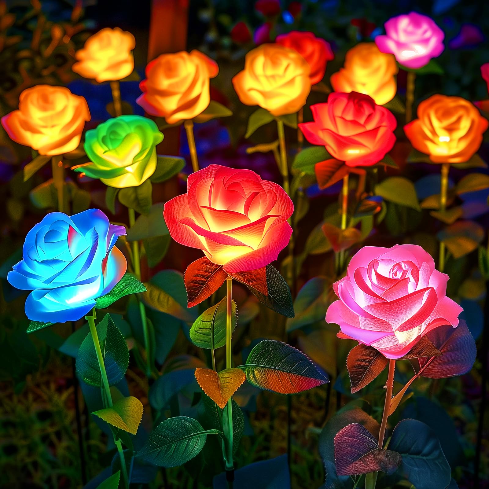 Solar Lights Outdoor Garden, 4PCS Solar Outdoor Garden Yard Lights with 20 Realistic Rose Flower, 7-Color Changing Outdoor Garden Solar Flowers Lights for Outside Yard Decor, Gifts for Women
