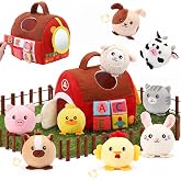 Baby Toys 6-12 Months, Montessori Barn 9 Stuffed Farm Animals Sensory Gift | Soft Plush Barn Baby Toy, 9 Stuffed Farm Animals, 15 Fences, Foldable Faux Grass Mat, Squeaker, Crinkle Mirror, Toddler Gift