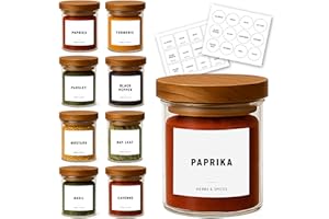 8 Pcs Glass Spice Jars with Acacia Airtight Lids and 120 Labels, 6oz Empty Containers Seasoning Bottles, Waterproof Minimalis