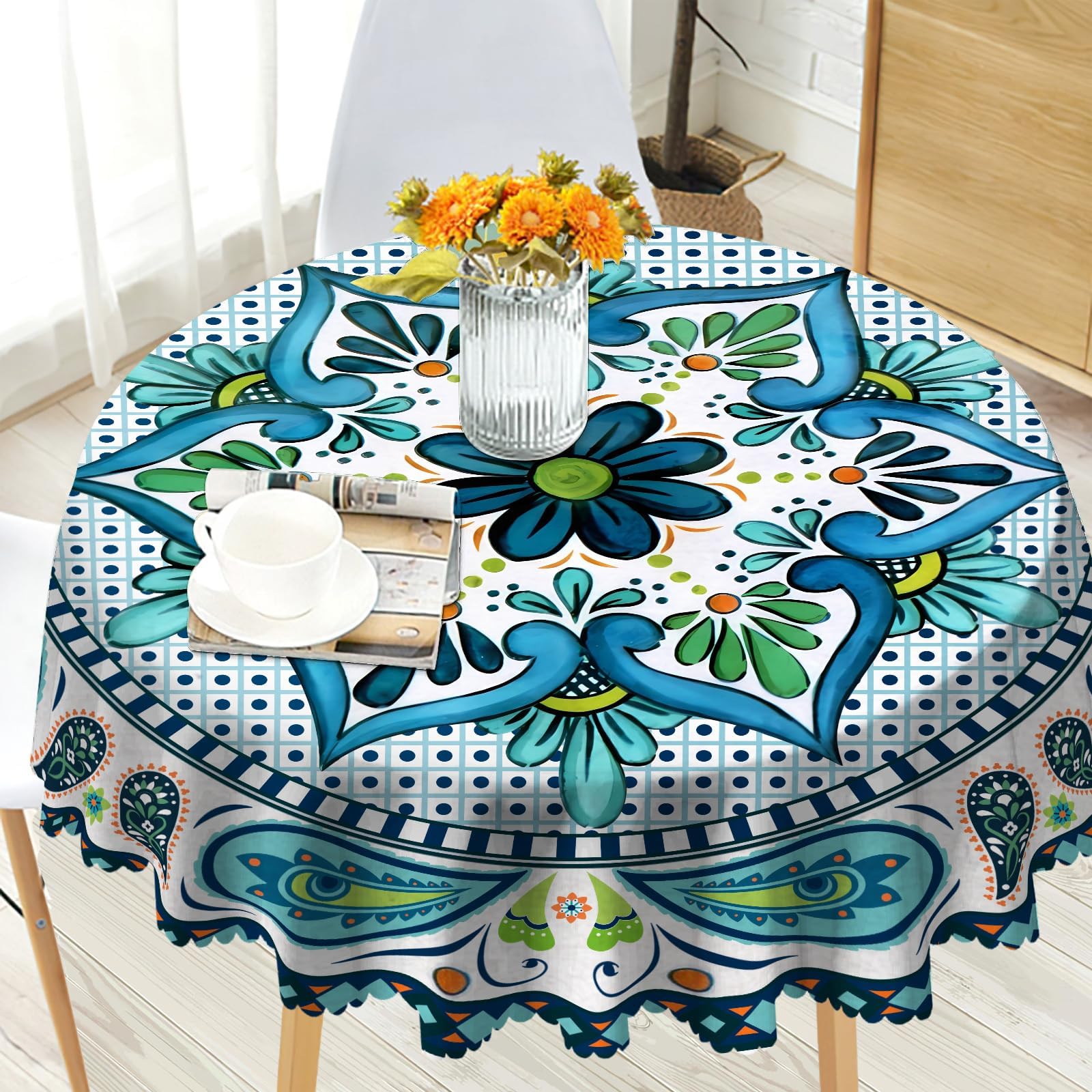 iEvery Round Wipe Clean Tablecloth 150cm, Boho Table Cloth Waterproof Wipeable Polyester Table Cover for Home Outdoor Dinning Kitchen Garden Party Picnic Patio — image 1