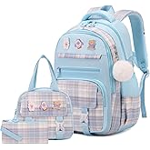 3PCS School Backpack for Girls, Girls Backpack with Lunch Box, Pencil Case, Cute Kawaii Plaid Book Bag for Teen Girl Kindergarten Elementary Preschool Middle High School, Blue