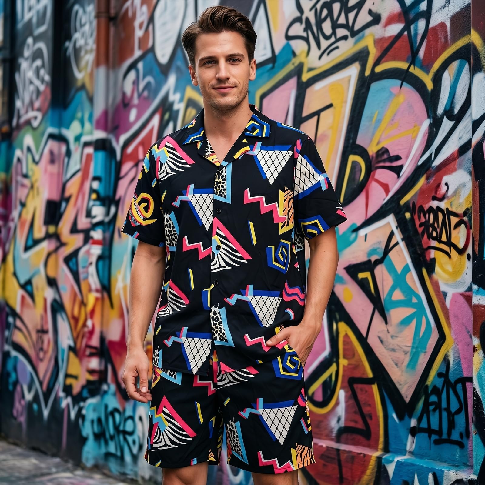 LYBOHO 80er 90er Jahre Outfit Herren,80er 90er Jahre Kostüm-Kurzarmjacke & Shorts-Set – für Halloween Karneval & Retro-Partys (Schwarz-Knopf, L) 5