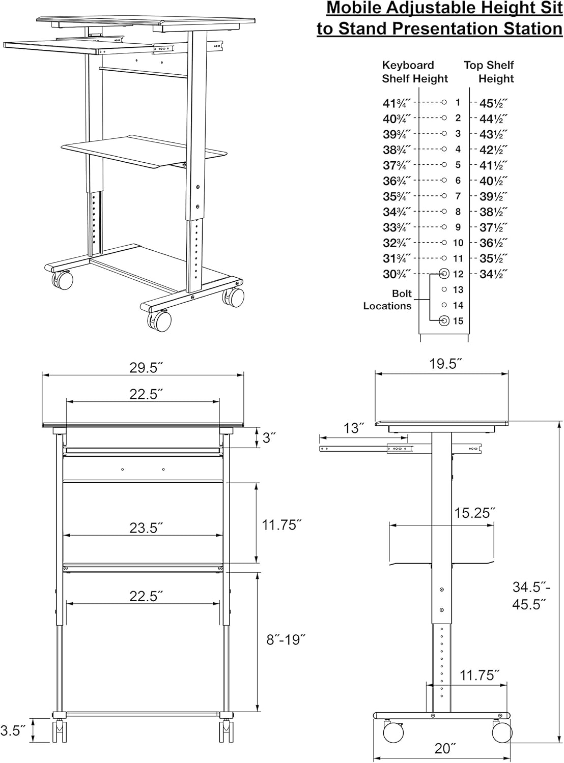 Stand Up Desk Store Mobile Rolling Adjustable Height Standing Workstation with Printer Shelf and Slideout Keyboard Tray (Black Frame/Black Top, 30" Wide) : Office Products