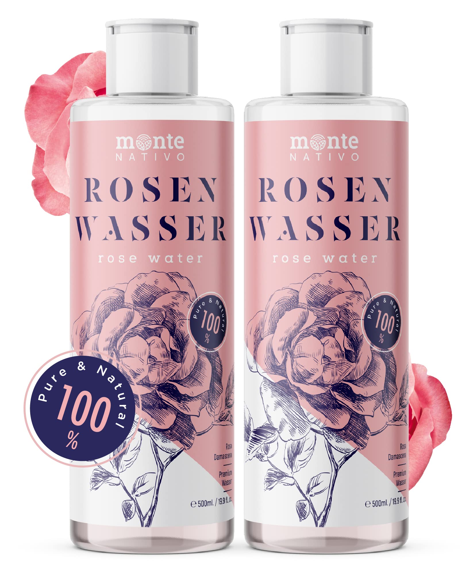 100% Pure Rose Water MonteNativo 2 * 500ml (1000ml) - 100% Natural and Pure, Facial Skin Toner, Natural Rose Hydrolat, Tripple Purified, Floral Rose Water