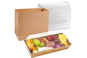 LEAFIEW 50 Pack 7.5x3.3 Inches Small Charcuterie Boxes with Clear Lids - To Go Paper Mini Treat Box, Charcuterie Boards Accessories, Dessert Boxes, Cookie, Cake Slice, Chocolate Strawberry, Donut (Brown)