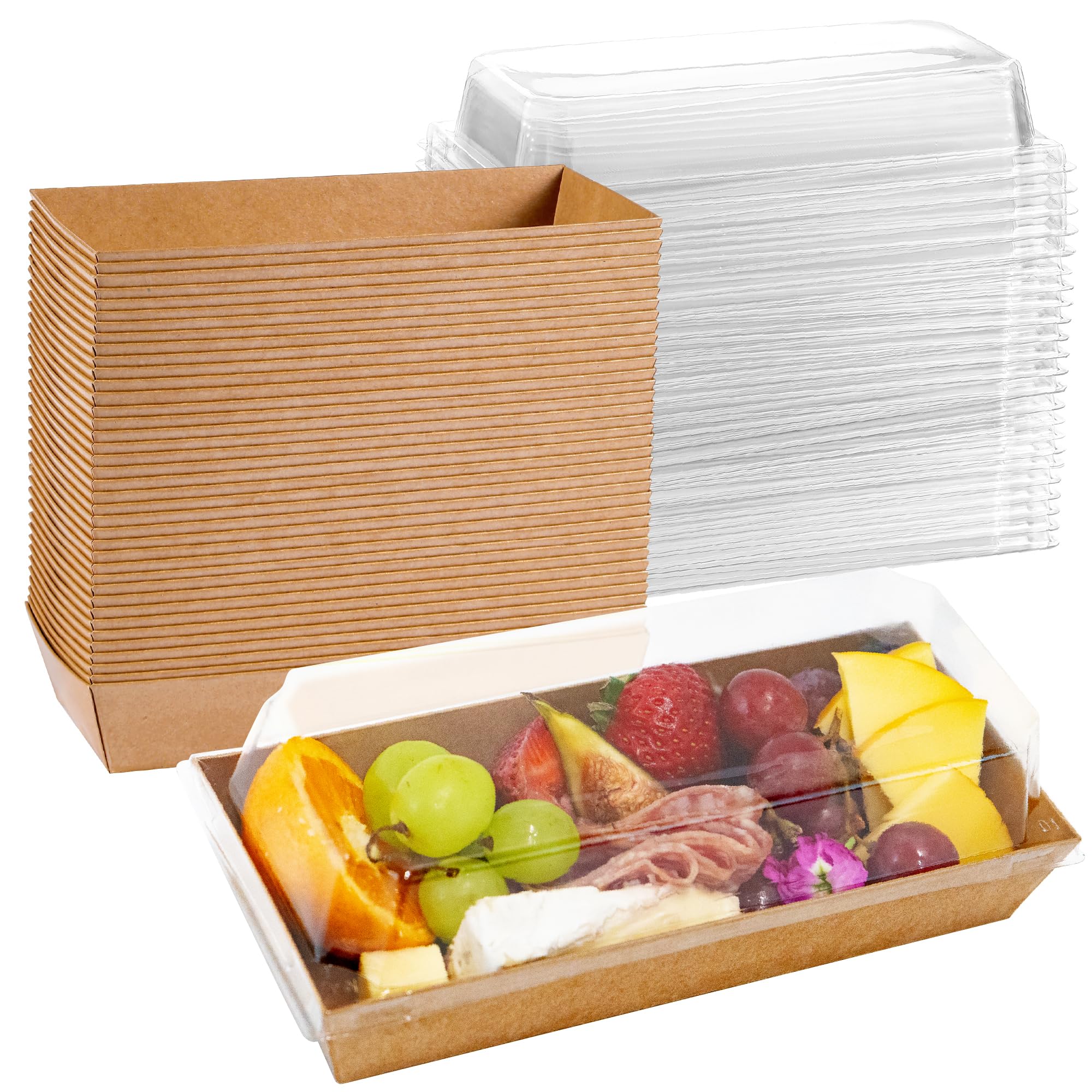Photo 1 of 50 Pack 7.5x3.3 Inches Small Charcuterie Boxes with Clear Lids - To Go Paper Mini Treat Box, Charcuterie Boards Accessories, Dessert Boxes, Cookie, Cake Slice, Chocolate Strawberry, Donut (Brown)